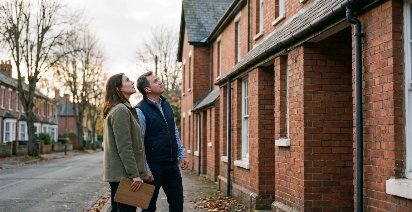 A prospective UK home buyer and a chartered surveyor inspecting the exterior of a period terraced house before exchange of contracts