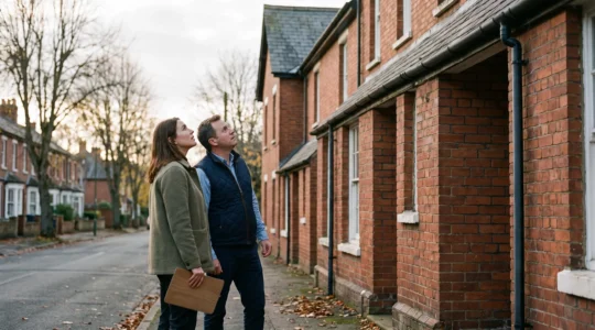 A prospective UK home buyer and a chartered surveyor inspecting the exterior of a period terraced house before exchange of contracts