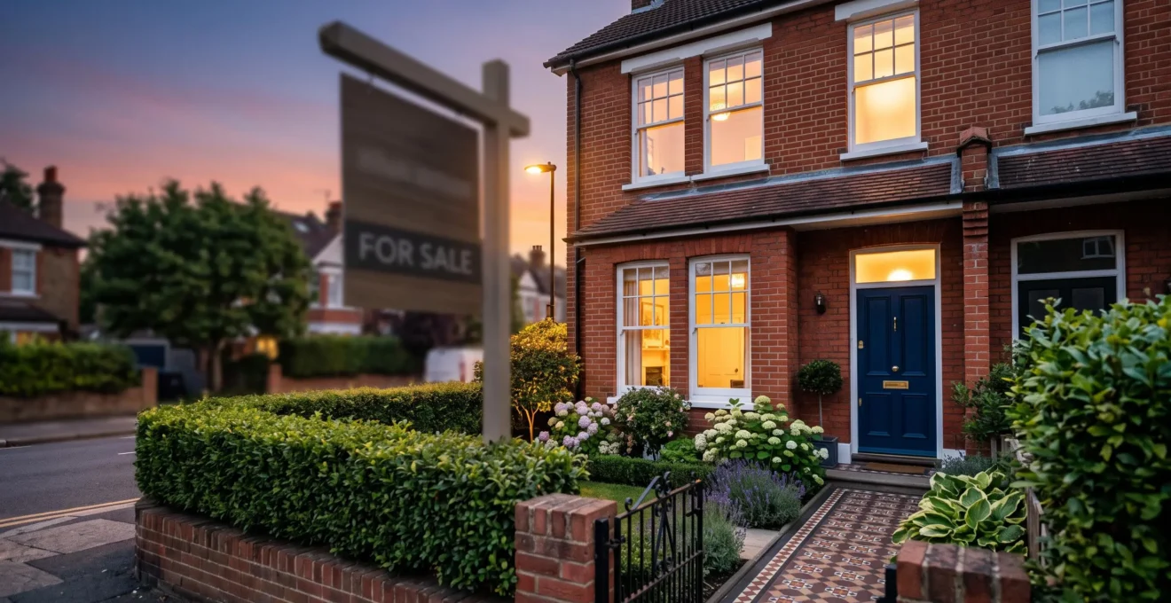 A beautifully presented British home exterior at golden hour symbolizing a successful property sale transition
