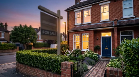 A beautifully presented British home exterior at golden hour symbolizing a successful property sale transition