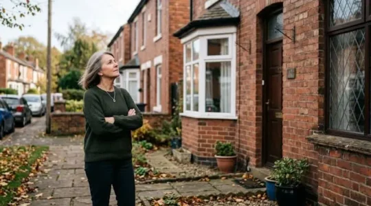 A UK homeowner standing thoughtfully in front of a terraced house, reflecting on property tax and valuation concerns