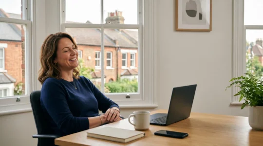 Professional landlord reviewing streamlined digital property management dashboard achieving work-life balance