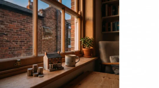 Wide editorial photograph symbolising strategic UK mortgage financing decisions over a 25-year term