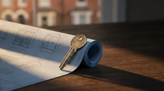 Symbolic image of a house key balanced on an architectural blueprint, representing the qualification threshold UK mortgage applicants must cross