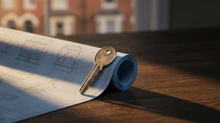 Symbolic image of a house key balanced on an architectural blueprint, representing the qualification threshold UK mortgage applicants must cross