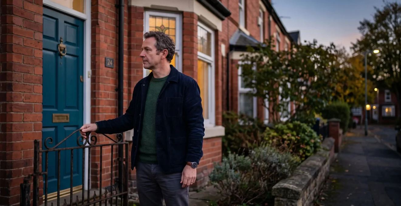 A UK home buyer standing before a period terraced house at dusk, symbolizing the pressure of contingency deadlines during a property purchase.