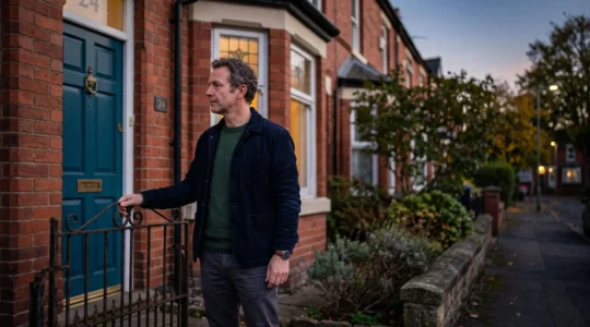 A UK home buyer standing before a period terraced house at dusk, symbolizing the pressure of contingency deadlines during a property purchase.