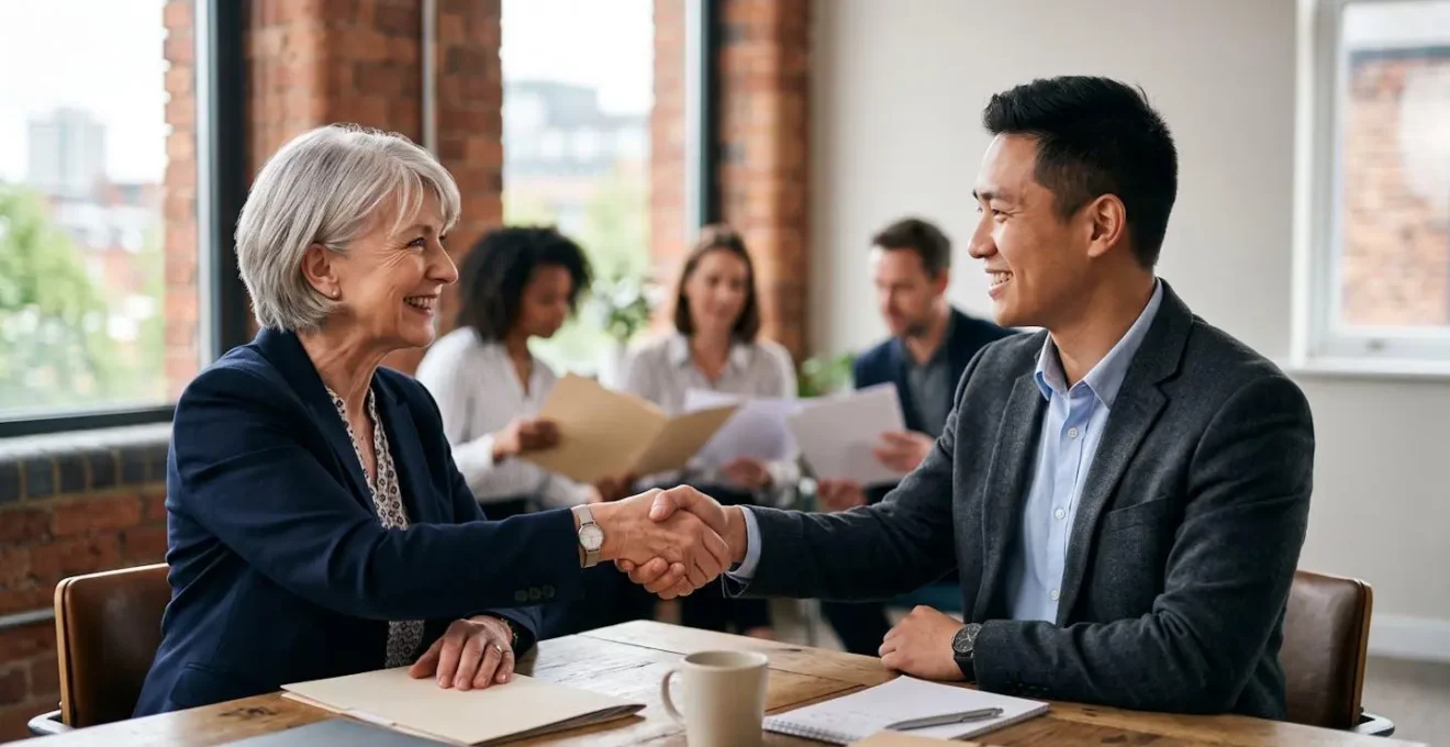 Diverse group of UK property professionals shaking hands around a table in a bright modern office, symbolising seamless collaboration