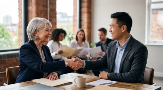 Diverse group of UK property professionals shaking hands around a table in a bright modern office, symbolising seamless collaboration