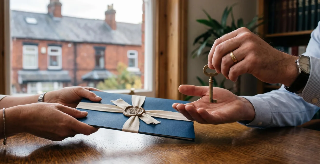 Symbolic handover of a house key and a bound legal contract representing the moment deeds and funds officially exchange in a UK property transaction