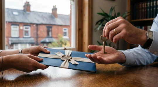 Symbolic handover of a house key and a bound legal contract representing the moment deeds and funds officially exchange in a UK property transaction