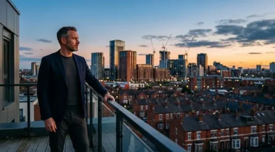 A UK property investor looking over a mixed skyline of Victorian terraces and new-build towers at dusk, symbolising long-term capital appreciation strategy
