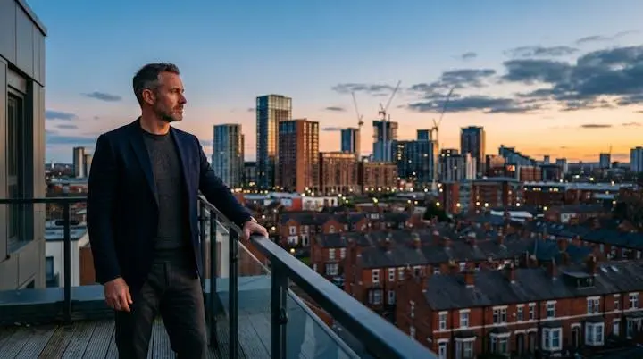 A UK property investor looking over a mixed skyline of Victorian terraces and new-build towers at dusk, symbolising long-term capital appreciation strategy