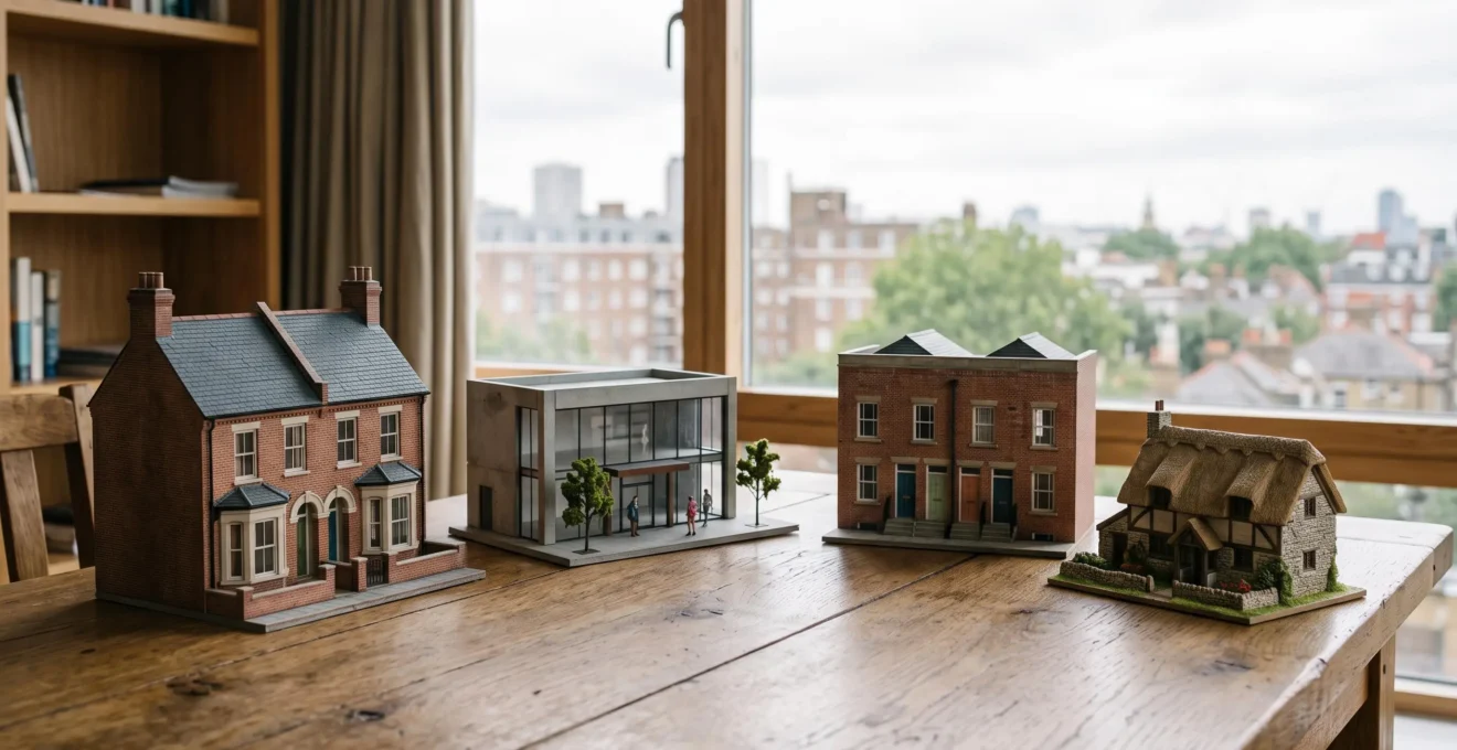 A UK property investor reviewing a physical scale model representing different real estate asset types on a wooden table, symbolizing portfolio diversification.