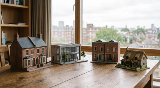 A UK property investor reviewing a physical scale model representing different real estate asset types on a wooden table, symbolizing portfolio diversification.