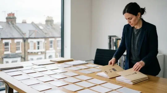 A UK property investor reviewing a wide spread of anonymous property photographs and folders on a table, symbolising a systemised deal-evaluation pipeline