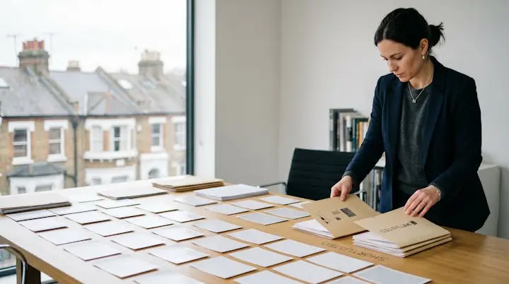 A UK property investor reviewing a wide spread of anonymous property photographs and folders on a table, symbolising a systemised deal-evaluation pipeline