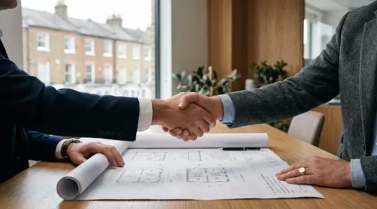 Two UK property investors shaking hands over an architectural blueprint symbolizing a structured joint venture partnership