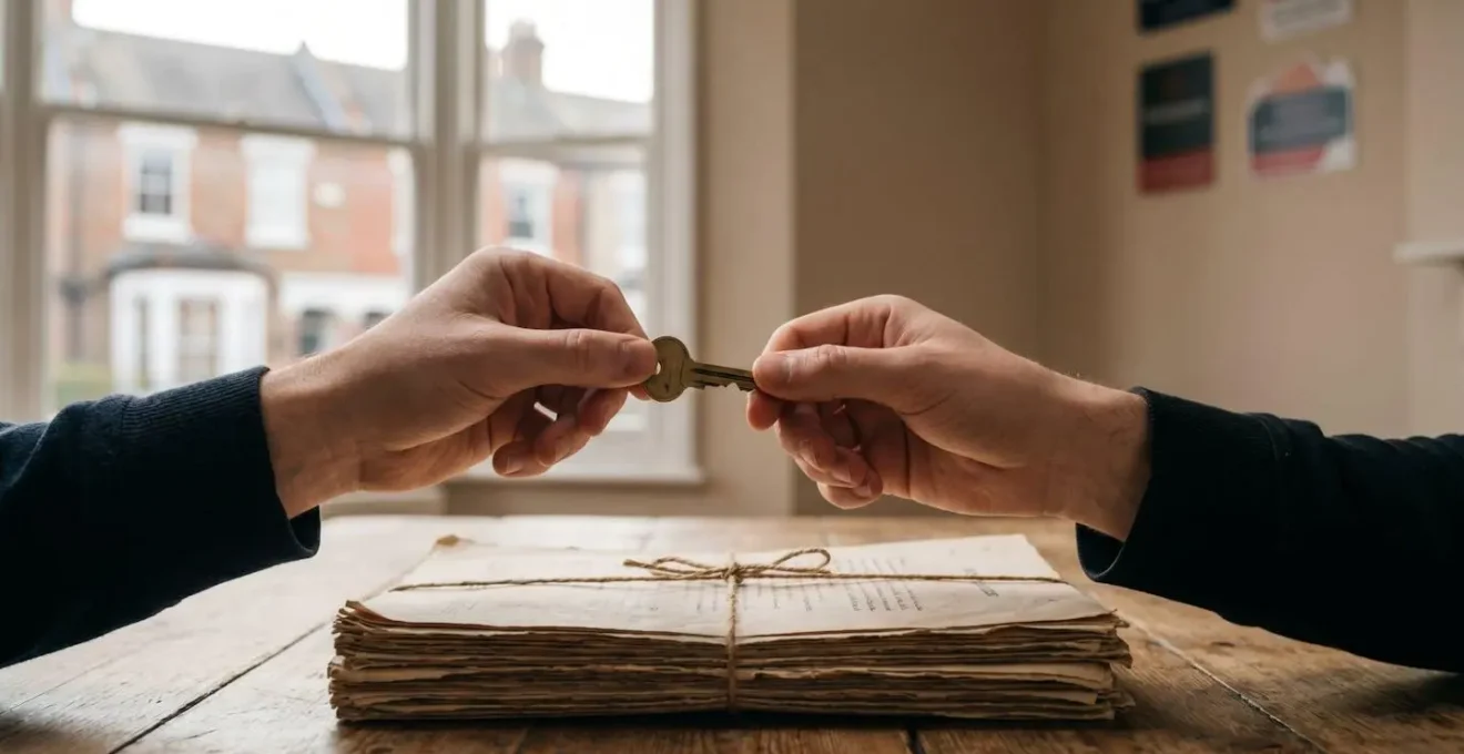 Symbolic handover of house keys over a signed property deed in a UK residential setting, representing the legal transfer of property ownership