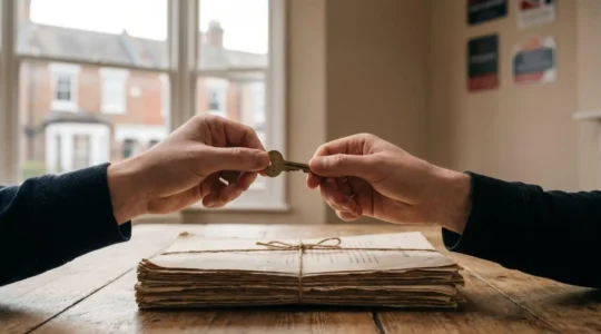 Symbolic handover of house keys over a signed property deed in a UK residential setting, representing the legal transfer of property ownership