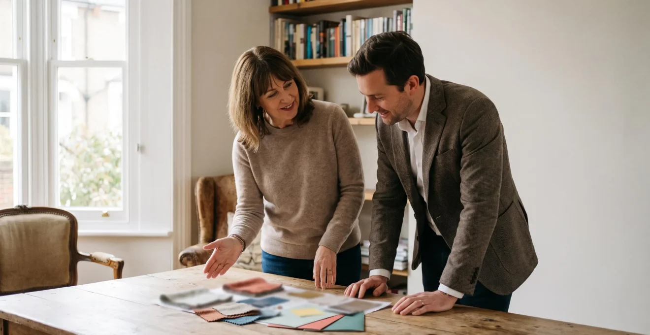 A UK homeowner and estate agent reviewing a strategic marketing plan together in a period property living room