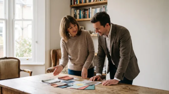A UK homeowner and estate agent reviewing a strategic marketing plan together in a period property living room
