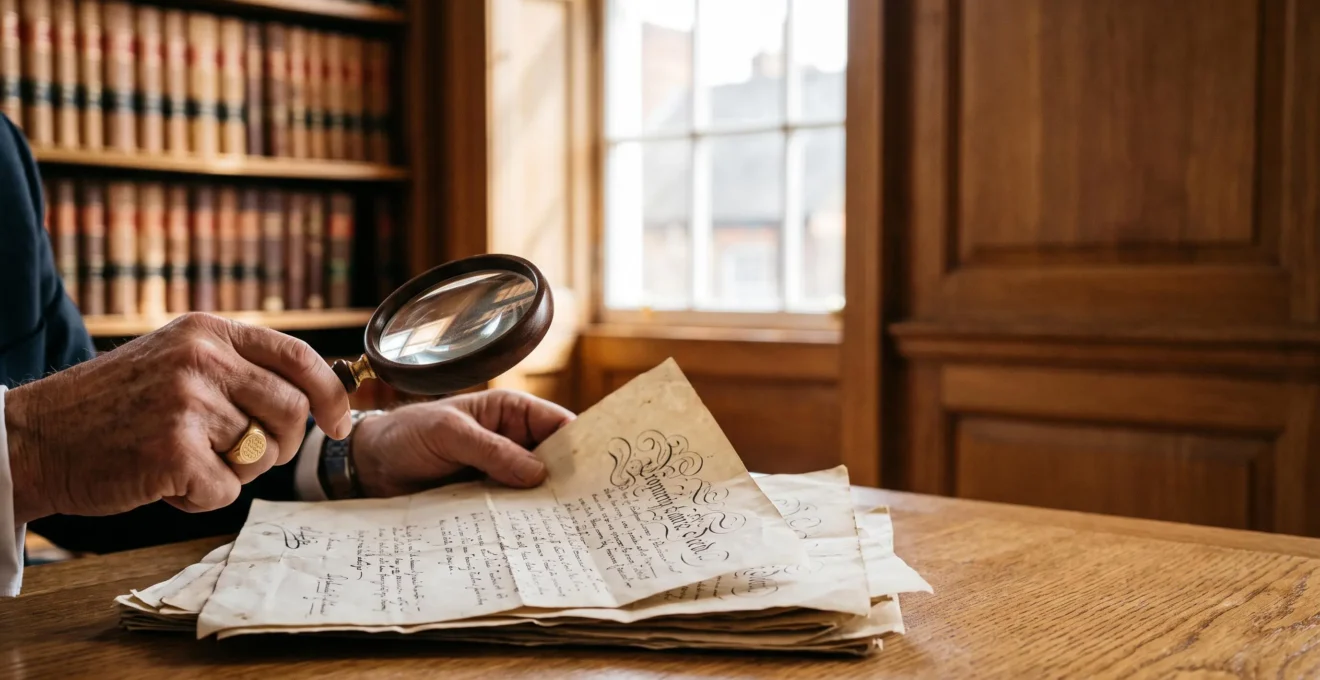 Solicitor's hands carefully examining property title deeds and a magnifying glass on a wooden desk in a traditional English law office