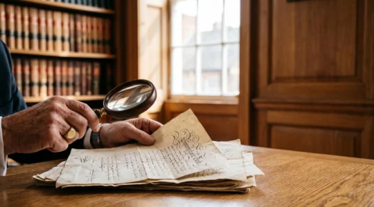 Solicitor's hands carefully examining property title deeds and a magnifying glass on a wooden desk in a traditional English law office