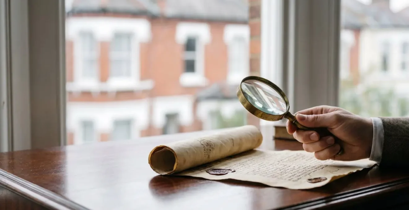 Close-up of a hand holding a magnifying glass over an aged property deed on a wooden desk, symbolising the scrutiny of UK title searches against fraud.