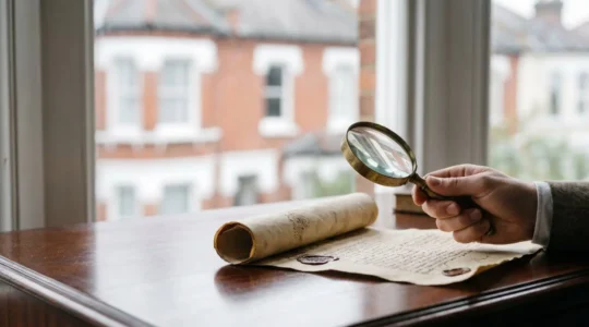 Close-up of a hand holding a magnifying glass over an aged property deed on a wooden desk, symbolising the scrutiny of UK title searches against fraud.