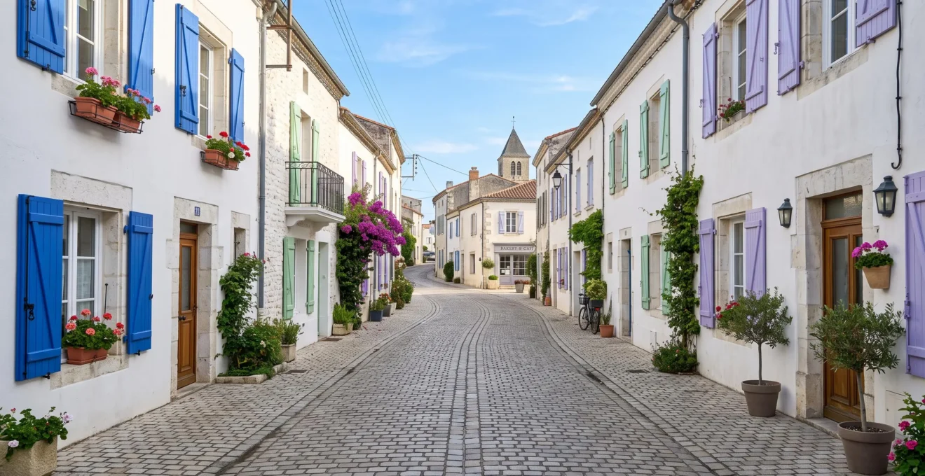 Wide-angle view of a charming narrow street lined with characteristic white houses featuring traditional green shutters, with dappled sunlight creating shadows on cobblestones